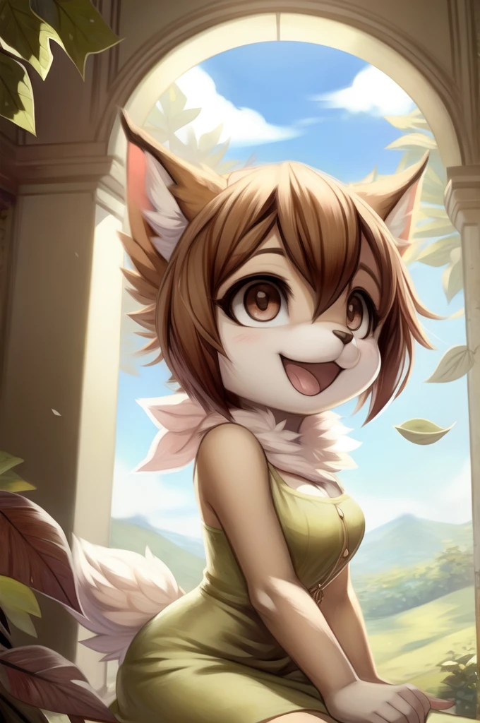 by woolrool,,, Kari_Kamiya furry, detailed and extremely fluffy body fur, fluff, masterpiece, looking up beautiful surroundings, detailed background, happy, leaf-dress, short stature, sexy anthro, breasts 