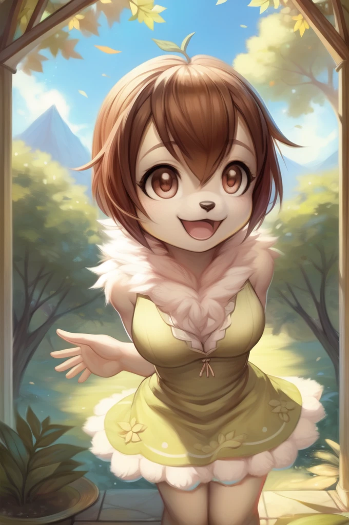 by woolrool,,, Kari_Kamiya furry, detailed and extremely fluffy body fur, fluff, masterpiece, looking up beautiful surroundings, detailed background, happy, leaf-dress, short stature, sexy anthro, breasts 