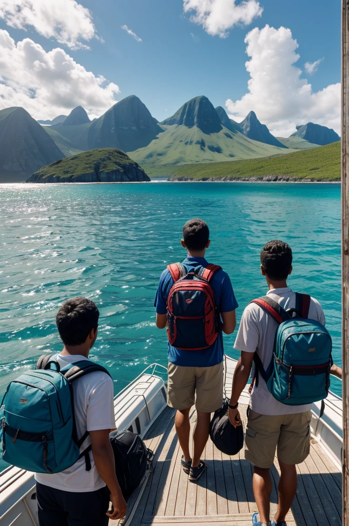 Farewell to the Island:
A final image of the four men with backpacks looking at the island from the boat