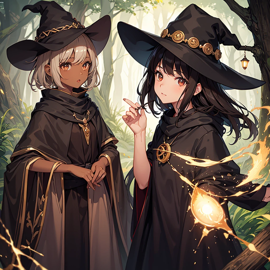 Girl with brown skin and dark brown medium hair and dark brown eyes and a black witch hat. Making a spell. The owl house style