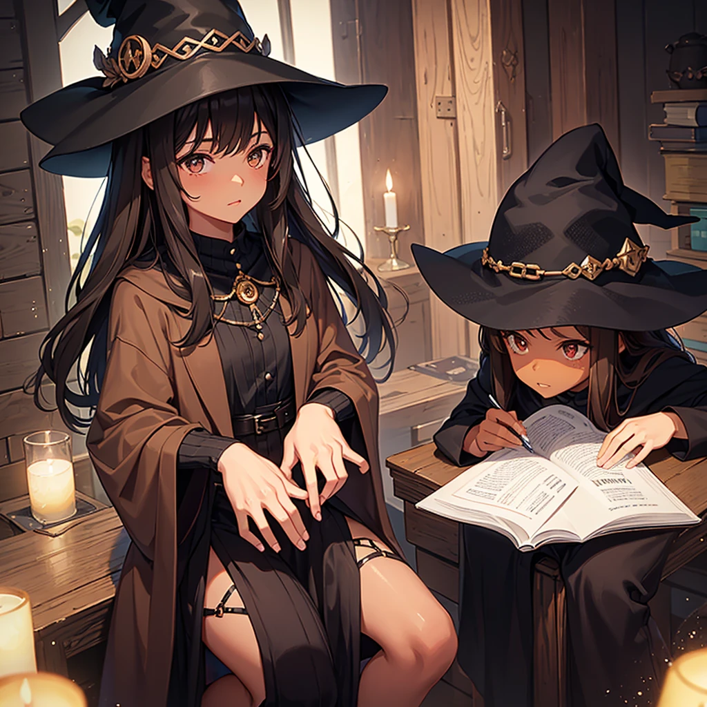 Girl with brown skin and dark brown medium hair and dark brown eyes and a black witch hat. Making a spell. The owl house style 