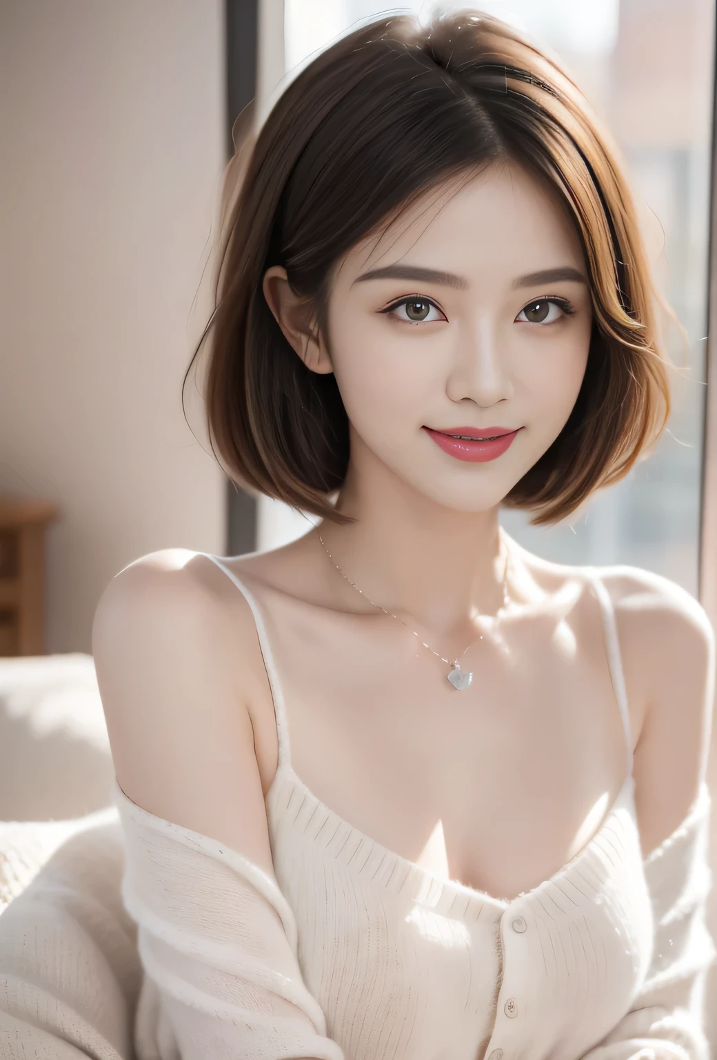 Top quality, masterpiece, Ultra-high resolution, Reality, 1 girl, Off-shoulder, knitting, Smile, Smile, The are slightly visible, Oversized_sweater, Soft lighting, Delicate skin, Bangs, Black Hair, Clear eyes, Short Bob Hairstyle, transparency, Japan, Korean, Beautiful woman, Upper Eye, Lip Gloss, Black chunky necklace, Teardrop, Mole on chest, Bright spots in the eyes