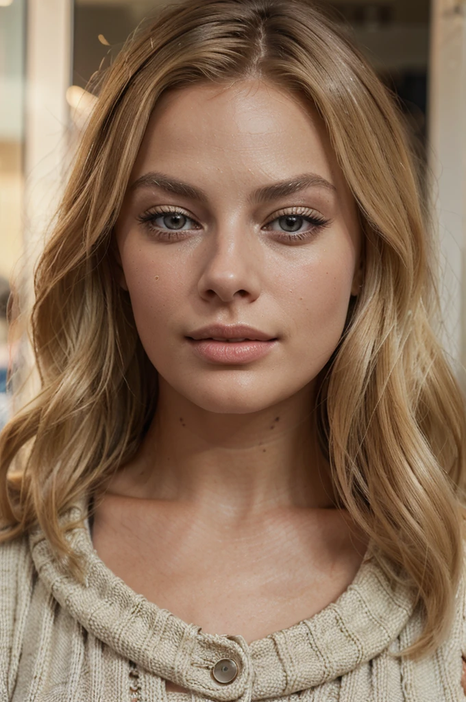 1 beautiful blonde woman,european features,resembling margot robbie,shopping in clothing store,realistic,photorealistic,highres,detailed face,detailed eyes and lips,long eyelashes,natural lighting,warm color tones,daylight,detailed clothing,fashion style,high quality,masterpiece