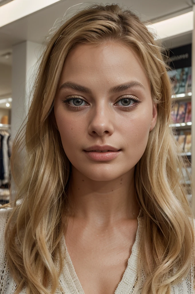 1 beautiful blonde woman,european features,resembling margot robbie,shopping in clothing store,realistic,photorealistic,highres,detailed face,detailed eyes and lips,long eyelashes,natural lighting,warm color tones,daylight,detailed clothing,fashion style,high quality,masterpiece