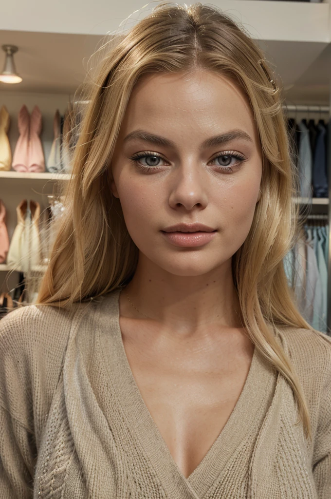 1 beautiful blonde woman,european features,resembling margot robbie,shopping in clothing store,realistic,photorealistic,highres,detailed face,detailed eyes and lips,long eyelashes,natural lighting,warm color tones,daylight,detailed clothing,fashion style,high quality,masterpiece