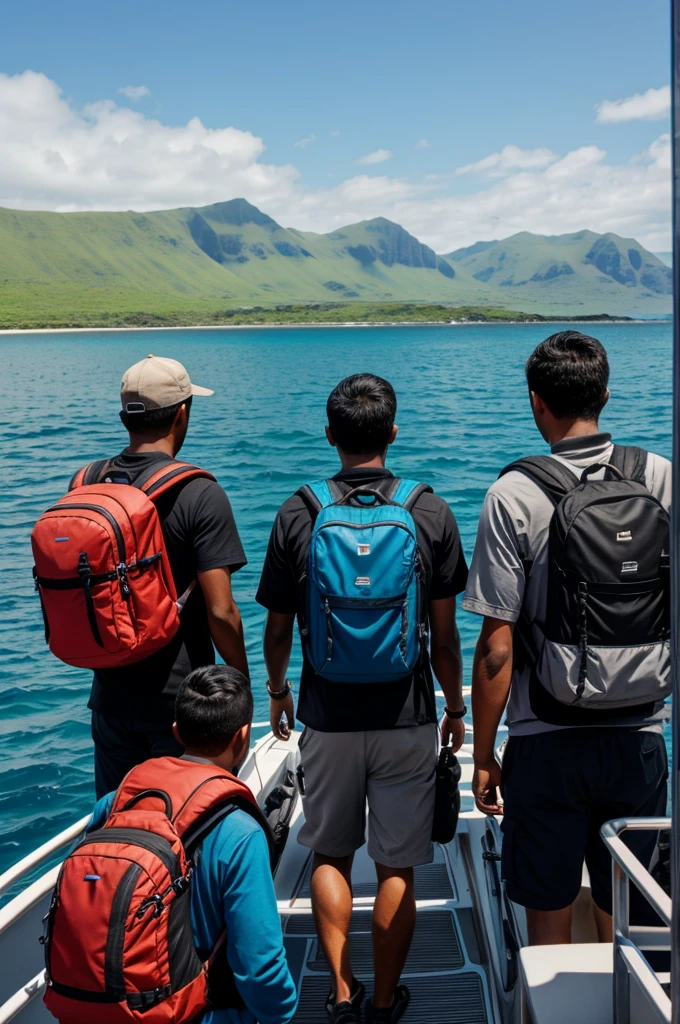 Farewell to the Island:
A final image of the four men with backpacks looking at the island from the boat