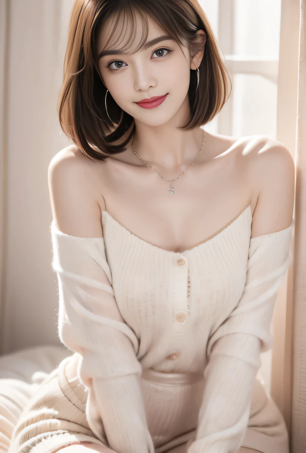 Top quality, masterpiece, Ultra-high resolution, Reality, 1 girl, Off-shoulder, knitting, Smile, Smile, The are slightly visible, Oversized_sweater, Soft lighting, Delicate skin, Bangs, Black Hair, Clear eyes, Short Bob Hairstyle, transparency, Japan, Korean, Beautiful woman, Upper Eye, Lip Gloss, Black chunky necklace, Teardrop, Mole on chest, Bright spots in the eyes