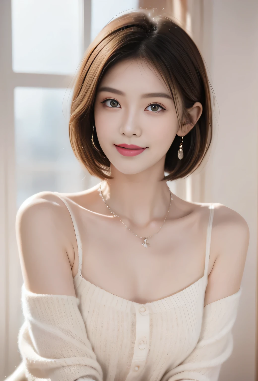 Top quality, masterpiece, Ultra-high resolution, Reality, 1 girl, Off-shoulder, knitting, Smile, Smile, The are slightly visible, Oversized_sweater, Soft lighting, Delicate skin, Bangs, Black Hair, Clear eyes, Short Bob Hairstyle, transparency, Japan, Korean, Beautiful woman, Upper Eye, Lip Gloss, Black chunky necklace, Teardrop, Mole on chest, Bright spots in the eyes