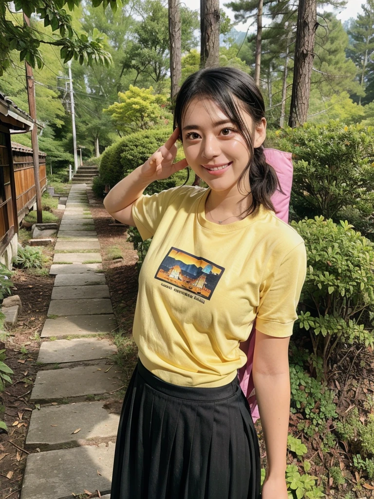 rie,One Woman,(best quality), (ultra detailed), (absolutely resolution),Face is front, 18-year-old, Arch your back, Striped shirt and maxi skirt, The color of the clothes is mustard yellow, The pattern on her clothes is dotted., Black Hair, smile, god々A cool atmosphere、In the midst of nature on the Kumano Kodo trail