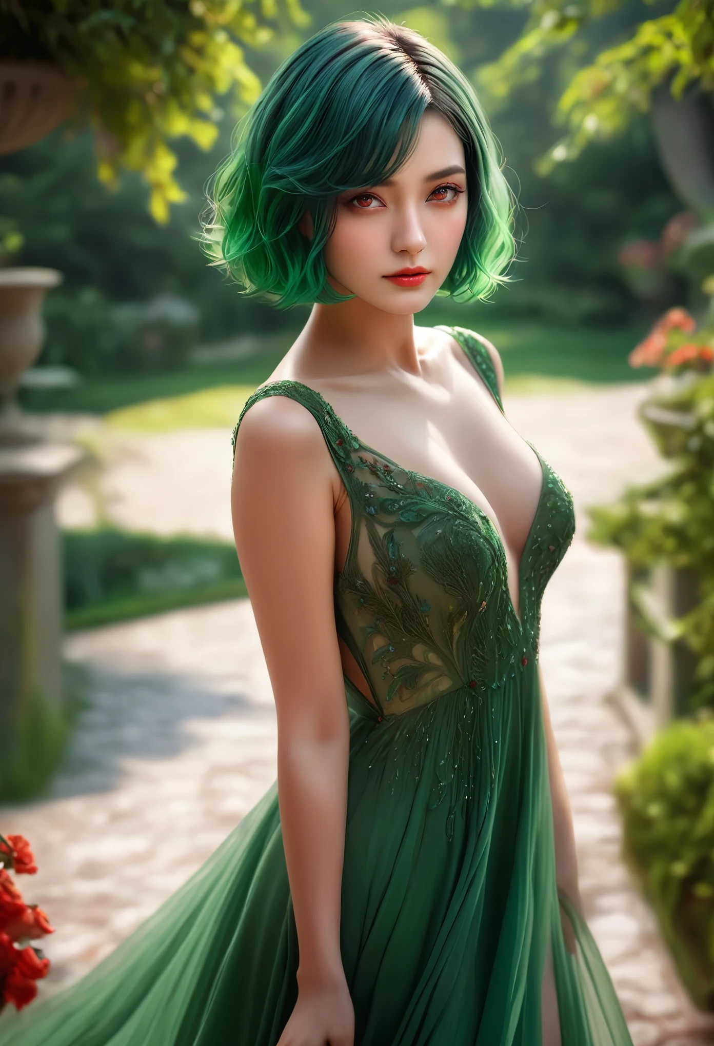1girl, green hair, red eyes, dress, short hair, (alone:1.3), (best quality,4k,8k,highres,masterpiece:1.2),ultra-detailed,(realistic,photorealistic,photo-realistic:1.37),elegant,intricate,whimsical,fantasy,magical,ethereal,cinematic lighting,dramatic shadows,vivid colors,lush flora,serene atmosphere,delicate features,piercing gaze,graceful posture,flowing dress,soft focus,warm tones