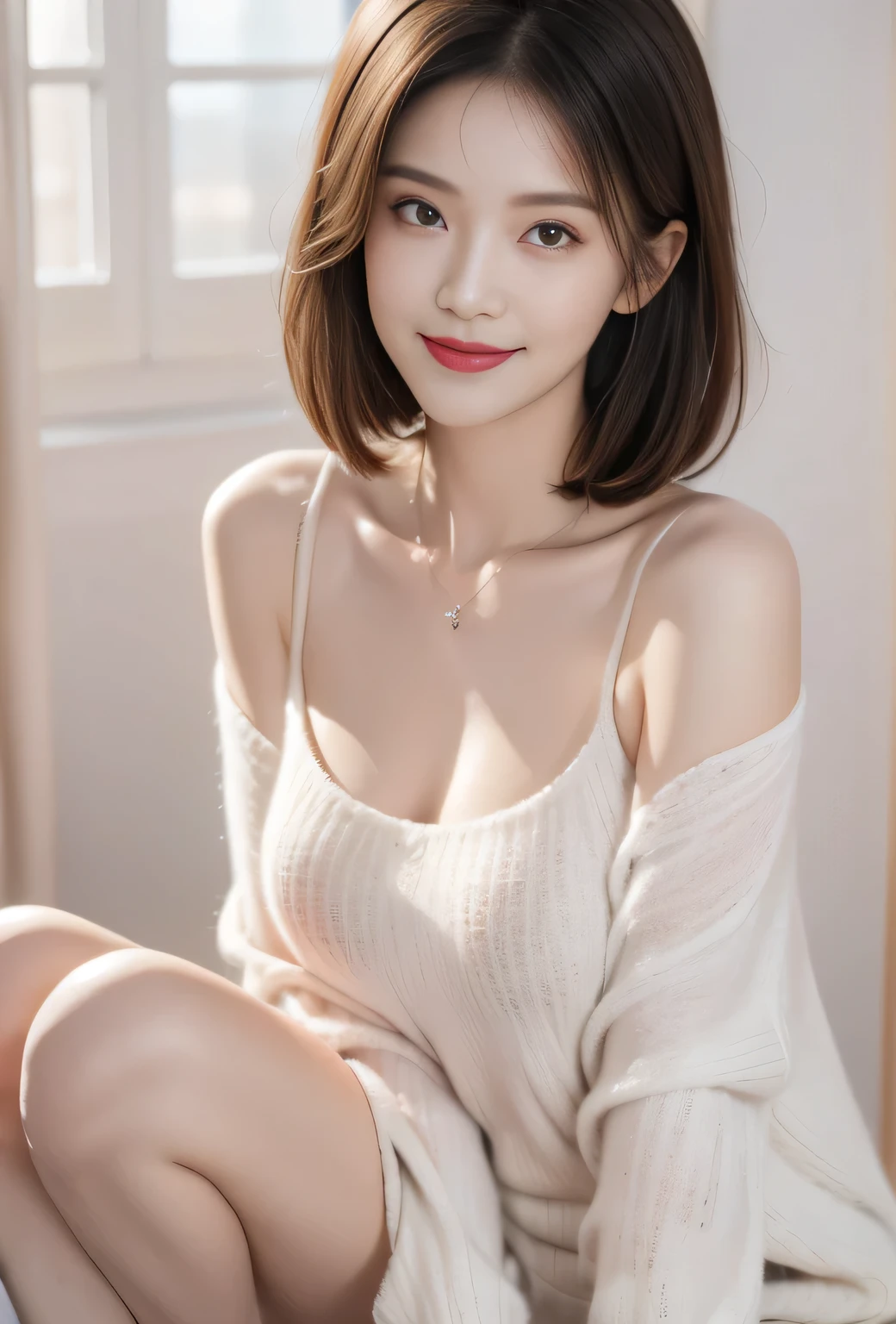 Top quality, masterpiece, Ultra-high resolution, Reality, 1 girl, Off-shoulder, knitting, Smile, Smile, The are slightly visible, Oversized_sweater, Soft lighting, Delicate skin, Bangs, Black Hair, Clear eyes, Short Bob Hairstyle, transparency, Japan, Korean, Beautiful woman, Upper Eye, Lip Gloss, Black chunky necklace, Teardrop, Mole on chest, Bright spots in the eyes