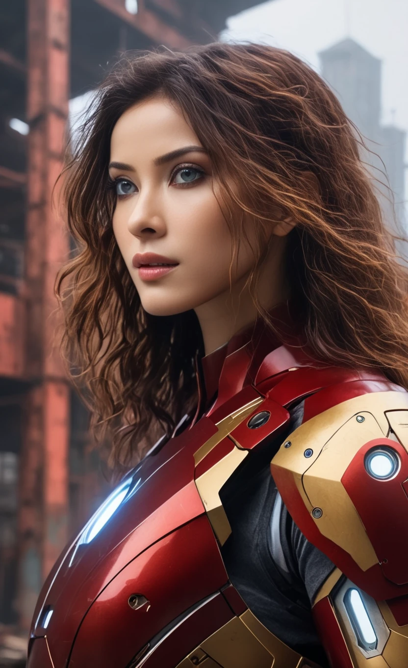 nanx, (1girl:1.3), solo,__body-parts__, official art, unity 8k wallpaper, ultra detailed, beautiful and aesthetic, beautiful, masterpiece, best quality, RAW, masterpiece, super fine photo,, best quality, super high Resolution, photorealistic, sunlight, full body portrait, stunningly beautiful,, dynamic pose, delicate face, vibrant eyes, (side view), she is wearing a futuristic Iron Man mech, red and gold, Highly detailed abandoned warehouse background, detailed face, detailed complex busy background, messy, gorgeous, milky, high detailed skin, realistic skin details, visible pores, sharp focus, volumetric fog, 8k uhd, dslr camera, High quality, film grain, fair skin, photorealism, lomography, sprawling metropolis in a futuristic dystopia, view from below, translucent