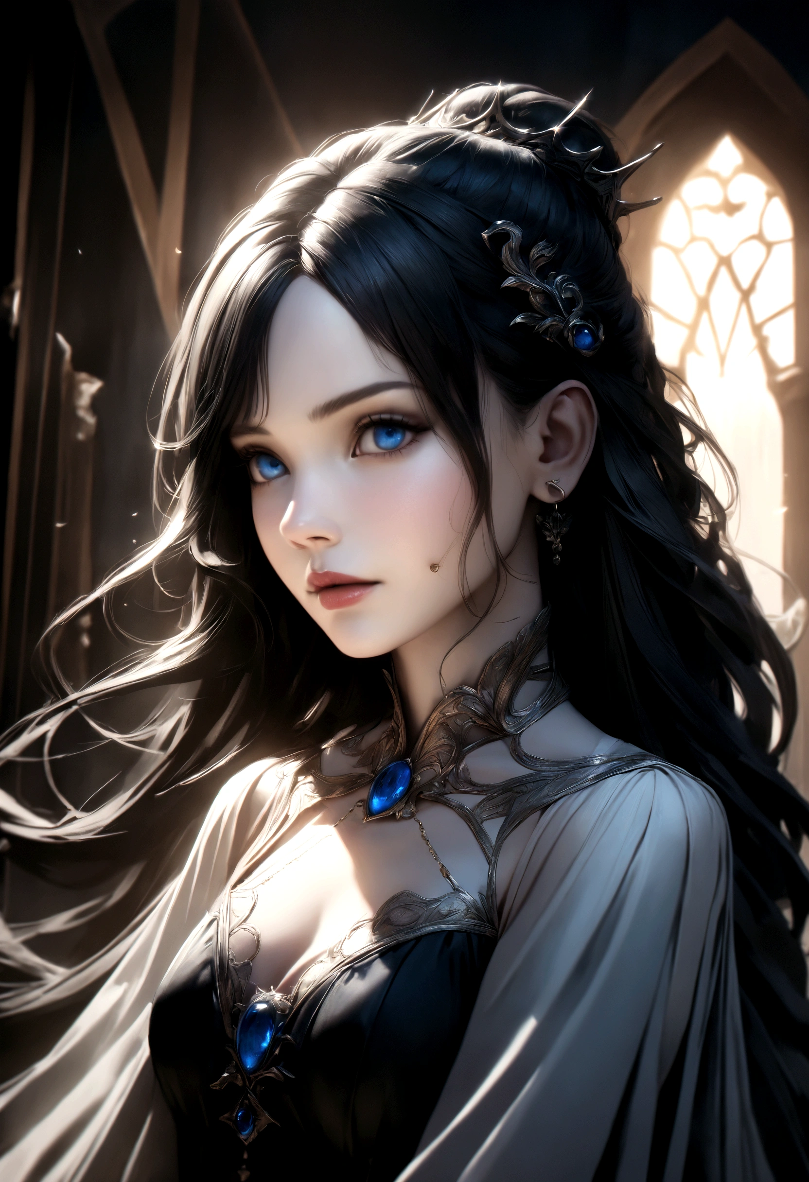 beautiful woman with long black hair, piercing blue eyes, pale skin, delicate facial features, intricate details with a hint of anime style, cinematic portrait, dramatic lighting, hyper realistic, 8k, photorealistic, masterpiece, extremely detailed, intricate, elegant, graceful, cinematic, dramatic, ethereal, otherworldly, fantasy, magical, mesmerizing, captivating, enthralling, enchanting, alluring, beguiling, bewitching