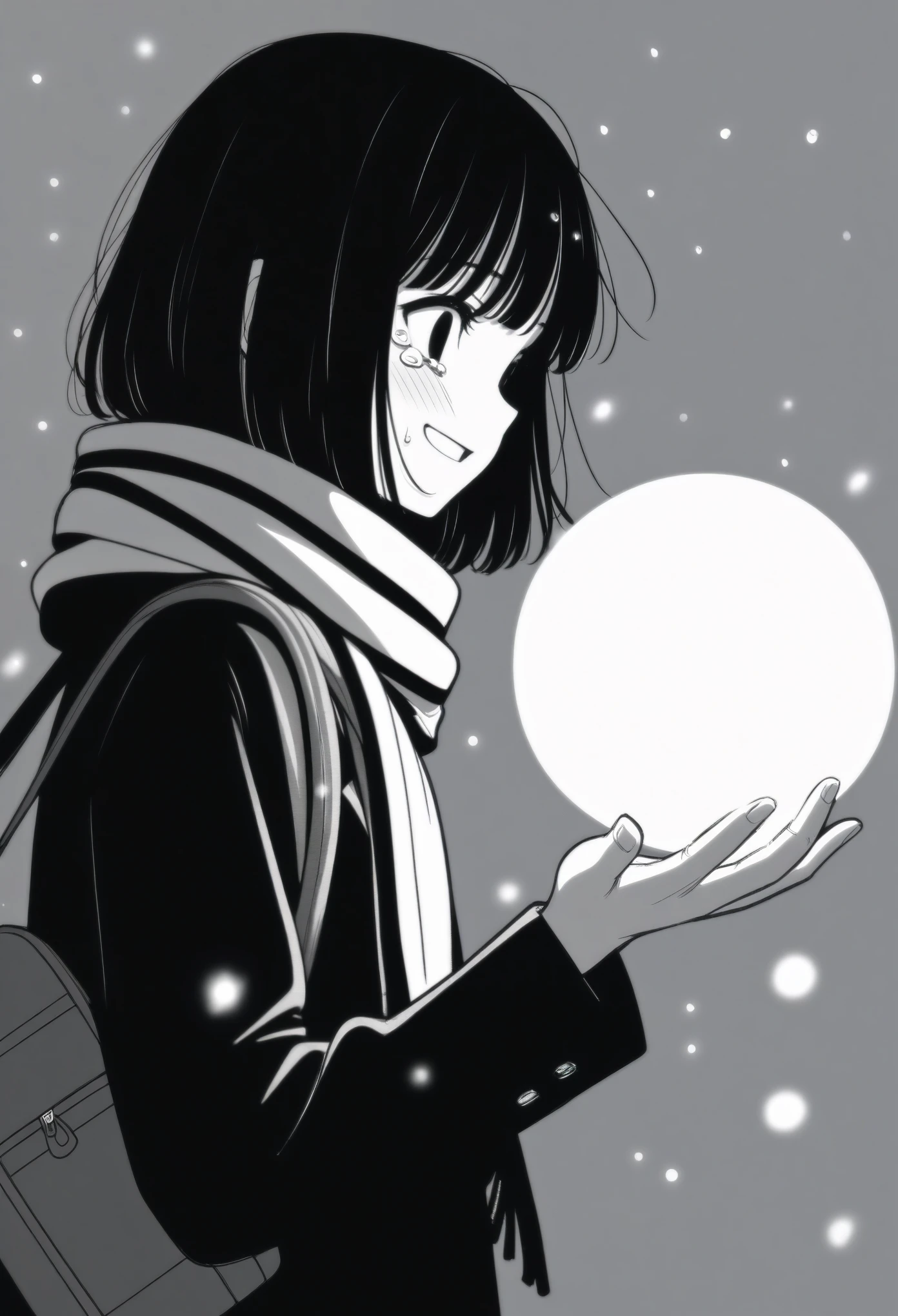 masterpiece, best quality, 1girl, mamerakkkkko, grayscale, manga style, japanese, chi no wadachi, black eyes, street, iced, black hair, schoolbag, smile, lineart, black coat, black scarf, black pleated skirt, leggings, centered, 18 years old, tall, fair skinned, bokeh background, crying, tears, tears streaming, bob cut, light particles, from side, snowing, (((holding glowing orb, perfect hand, detailed hand:1.1)), emotional anime scene