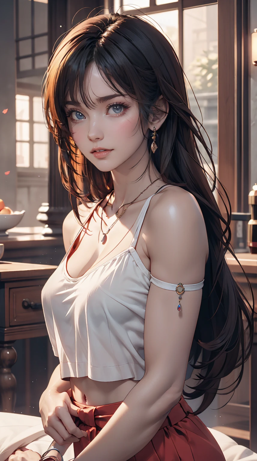 Arabic style image of a woman with long hair and a black top, 3 d anime Realistic, photoRealistic anime girl render, 8K Portrait Rendering, Realistic anime 3 d style, Smooth anime CG art, Realistic young anime girl, Realistic. Chen Yi, photoRealistic anime, beautiful Realistic face, hyper Realistic anime, Stunning Anime Face Portraits, Realistic beautiful face、Sexy proportions、Sexy、smile、Attach a necklace、Wear accessories on your wrist