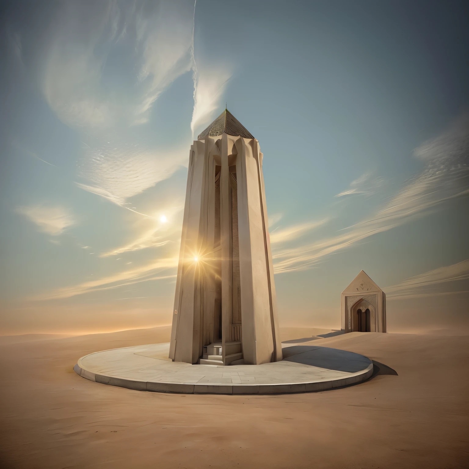 The mausoleum of an Iranian scholar inside Iran is an architectural structure, a memorial building for Avicenna (Abu Ali Sina). Convert the rendering into a real photograph with cement and brick materials, a green natural environment, and a real sky. Real photograph.