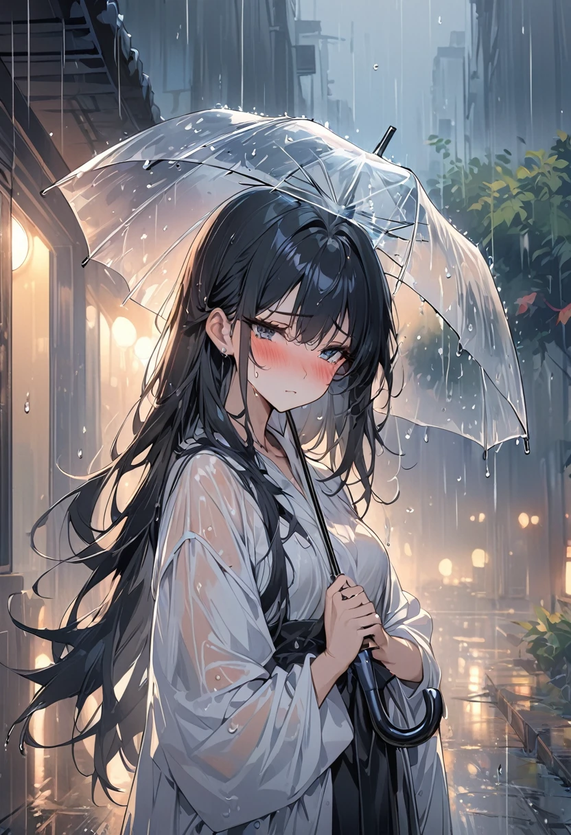 一个女孩站在rain中，Holding an umbrella, Black long hair, , Shy, blush, wet, rain, transparent, (masterpiece, best quality), Soft Light, Composition, light