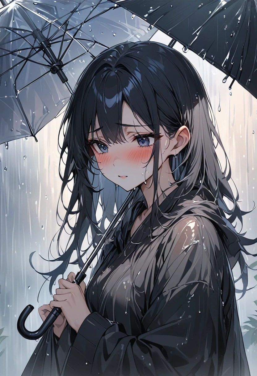 一个女孩站在rain中,Holding an umbrella, Black long hair, , Shy, blush, wet, rain, transparent, (masterpiece, best quality), Soft Light, Composition, light