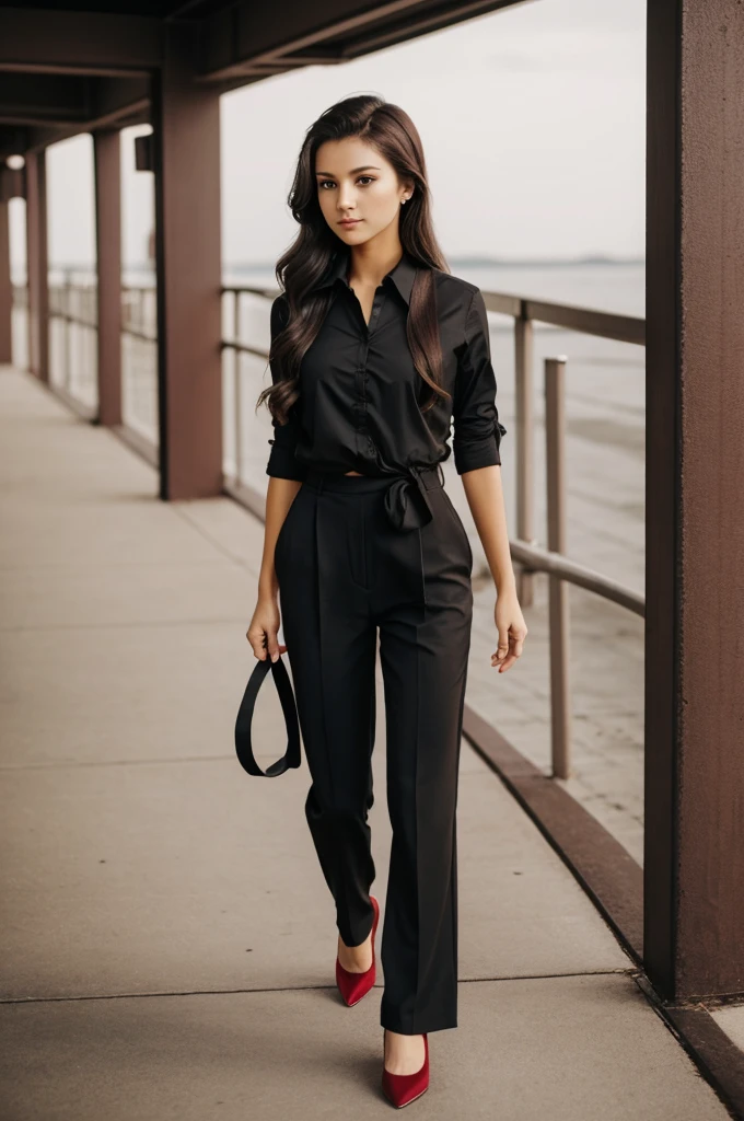 Black shirt, dark red tie, dark red pants and black heels. Dark brown long wavy hair tied in a low ponytail, brown calm eyes, girl 19-year-old 