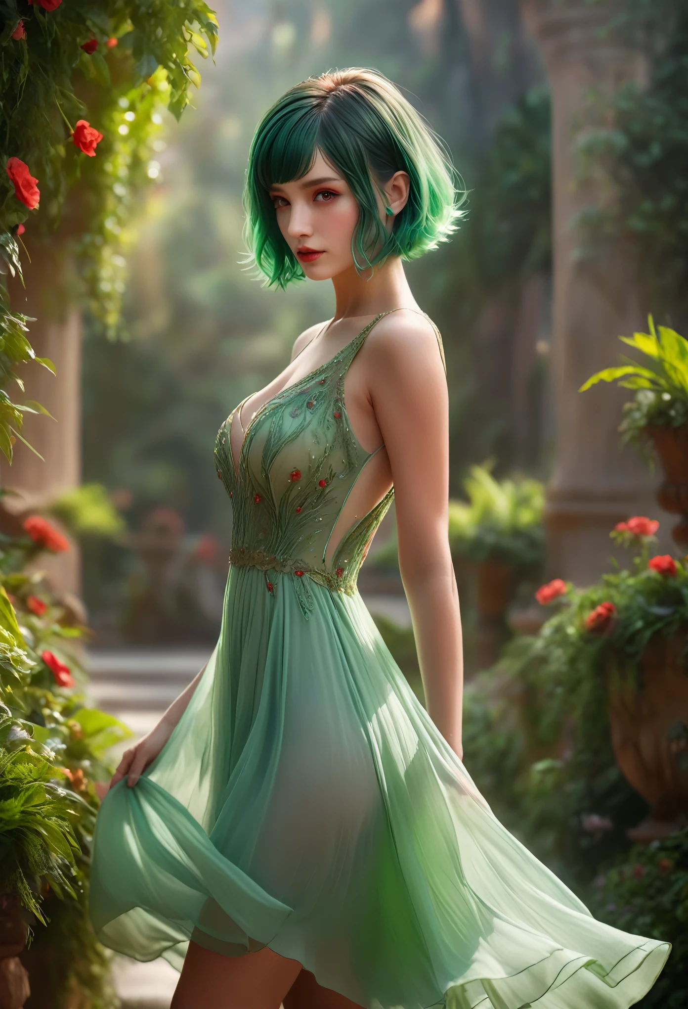 1girl, green hair, red eyes, dress, short hair, (alone:1.3), (best quality,4k,8k,highres,masterpiece:1.2),ultra-detailed,(realistic,photorealistic,photo-realistic:1.37),elegant,intricate,whimsical,fantasy,magical,ethereal,cinematic lighting,dramatic shadows,vivid colors,lush flora,serene atmosphere,delicate features,piercing gaze,graceful posture,flowing dress,soft focus,warm tones
