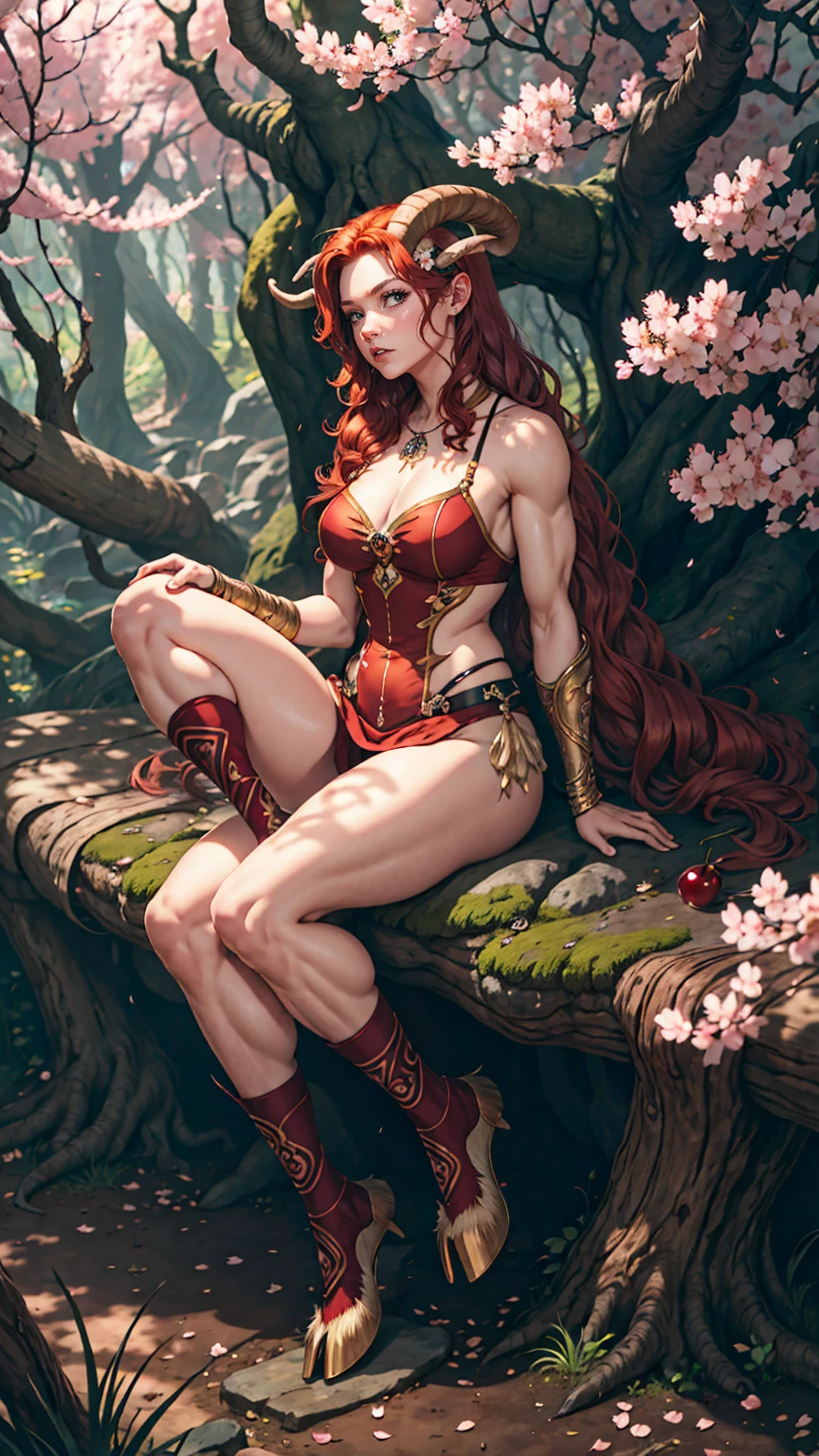 red hair,A faun female in the forest, satyr, woman, fantasy(masterpiece, best quality, photorealistic, detailed shiny skin:1.2), flawless, 8k, RAW, highres, (dark night:1.1), goat legs, furr legs, hooved, goat horns, beard, long black hair, looking at viewer, cinematic, dark background, medieval, muscles, open ches5, fantasy, (absurdes), attractive, long blonde hair, golden eyes, sexy,big , cherry blossom,waterfall, forest, sun rays