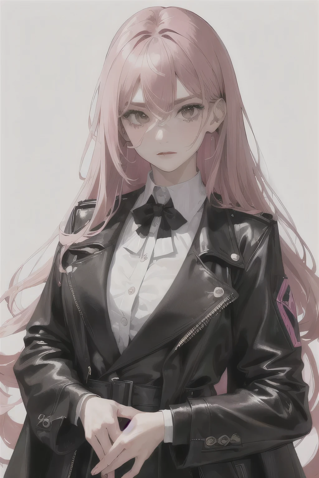 (Highest resolution, distinct_image) Best quality, A woman's masterpiece, very detailed, semi-realistic,(most of the body),PINK long hair, bang, 18 years, young,black fitting,pinkish purple flight suit,stand-up collar shirt,sharp face,(Brown eyes, hair between eyes), fluorescent long coat (Broken glass),(simple white background),cold, Serious,authoritative,powerful,(Standing painting),(Exquisite facial features, Exquisite facial features)