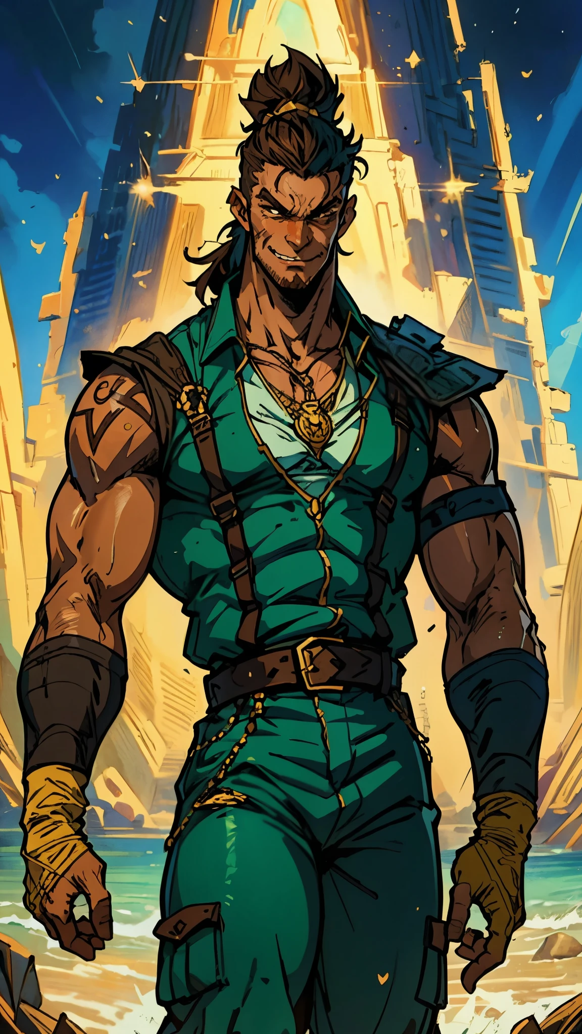 (masterpiece:1.2, best quality, extremely delicate), a man with short brown hair, a short ponytail, brown skin, a handsome face, deep eyes, a wild smile, stubble on his chin, wears a necklace with fangs, a muscular build, a fantasy-reality style blue open short vest, sleeveless, a cloth band on his arm, a yellow belt, green cargo pants, stands on an endless coastline, this character embodies a finely crafted fantasy-reality style rogue in anime style, exquisite and mature manga art style, dramatic, high definition, highres, ultra-detailed, ultra-fine painting, professional, perfect body proportions, golden ratio, anatomically correct, symmetrical face, extremely detailed eyes and face, high quality eyes, creativity, RAW photo, UHD, 32k, Natural light, cinematic lighting, masterpiece-anatomy-perfect