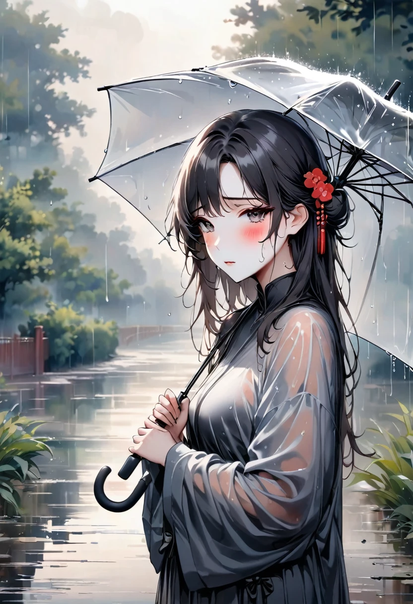 (best quality,4K,8K,high resolution,masterpiece:1.2),Very detailed,(Practical,photoPractical,photo-Practical:1.37),一个女孩站在rain中,Holding an umbrella, Black long hair, , Shy, blush, wet, rain, transparent, (masterpiece, best quality), Soft Light, Composition, light