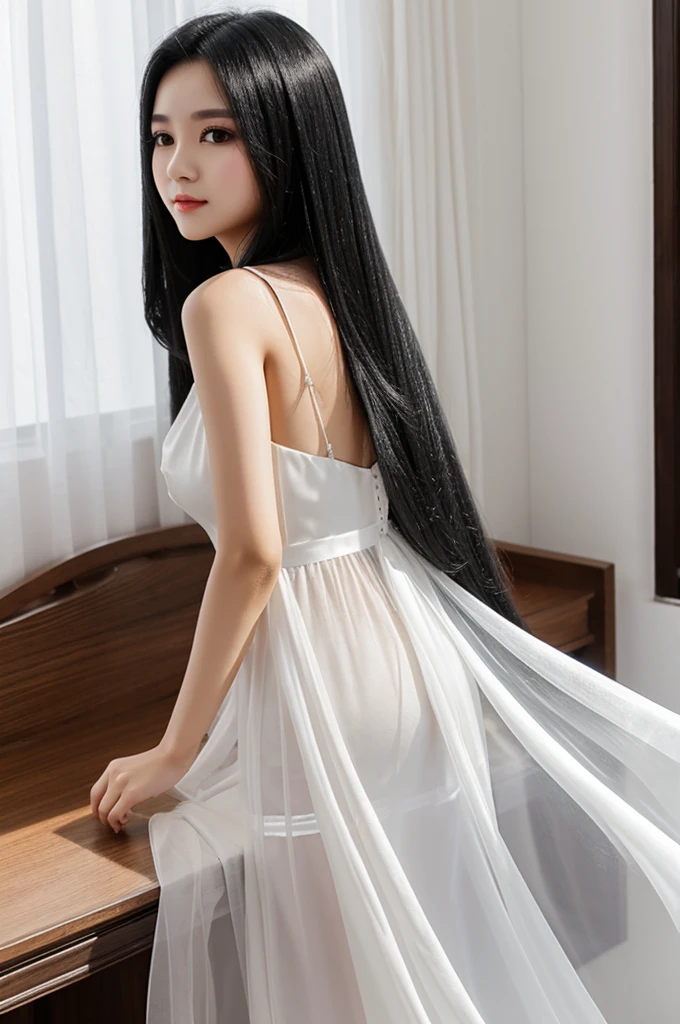 Beautiful girl with long black hair , black eyes , wearing a white silk dress, The head is covered with a piece of transparent linen , chắp tay cầu nguyện, lovely pure beauty 