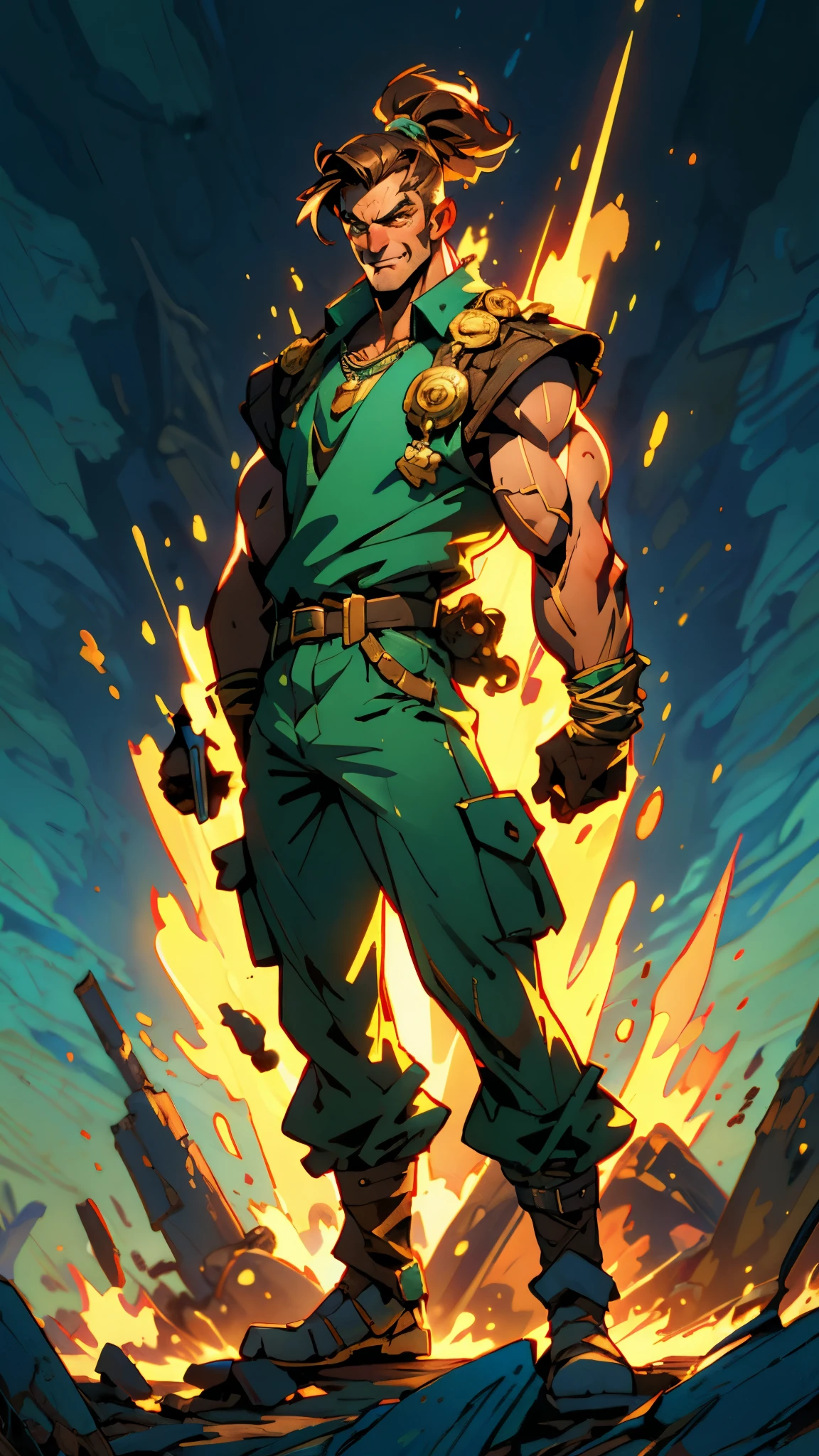 (masterpiece:1.2, best quality, extremely delicate), a man with short brown hair, a short ponytail, brown skin, a handsome face, deep eyes, a wild smile, stubble on his chin, wears a necklace with fangs, a muscular build, a fantasy-reality style blue open short vest, sleeveless, a cloth band on his arm, a yellow belt, green cargo pants, stands on an endless coastline, this character embodies a finely crafted fantasy-reality style rogue in anime style, exquisite and mature manga art style, dramatic, high definition, highres, ultra-detailed, ultra-fine painting, professional, perfect body proportions, golden ratio, anatomically correct, symmetrical face, extremely detailed eyes and face, high quality eyes, creativity, RAW photo, UHD, 32k, Natural light, cinematic lighting, masterpiece-anatomy-perfect