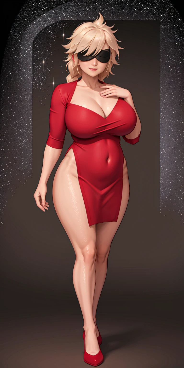 (masterpiece, HI quality: 1.1) 1girl full body standing good face, nice ass, hairstyle: braid, Color Hair: White long hair, Blindfolded: NO EYES, Skin: White (porcelain skin, sparkly skin), muscular, thighs, Mature woman, Abs, looks at the viewer smiling, extremely huge breasts, maternal, chest cover with clothes