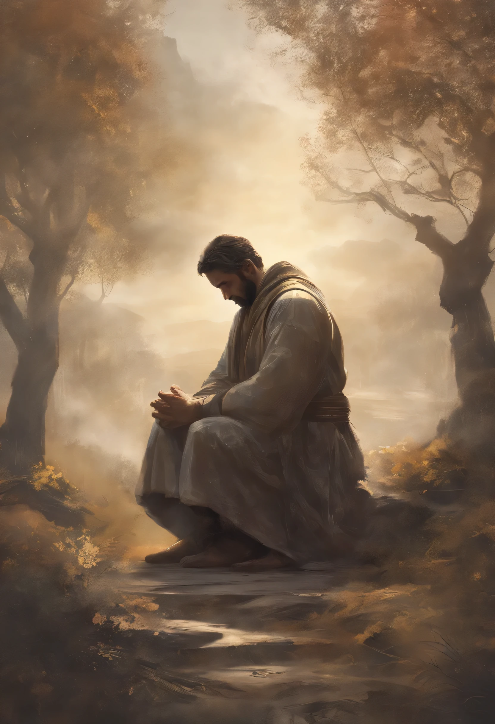 An image of a man kneeling in prayer., outdoor, demonstrating your devotion to God