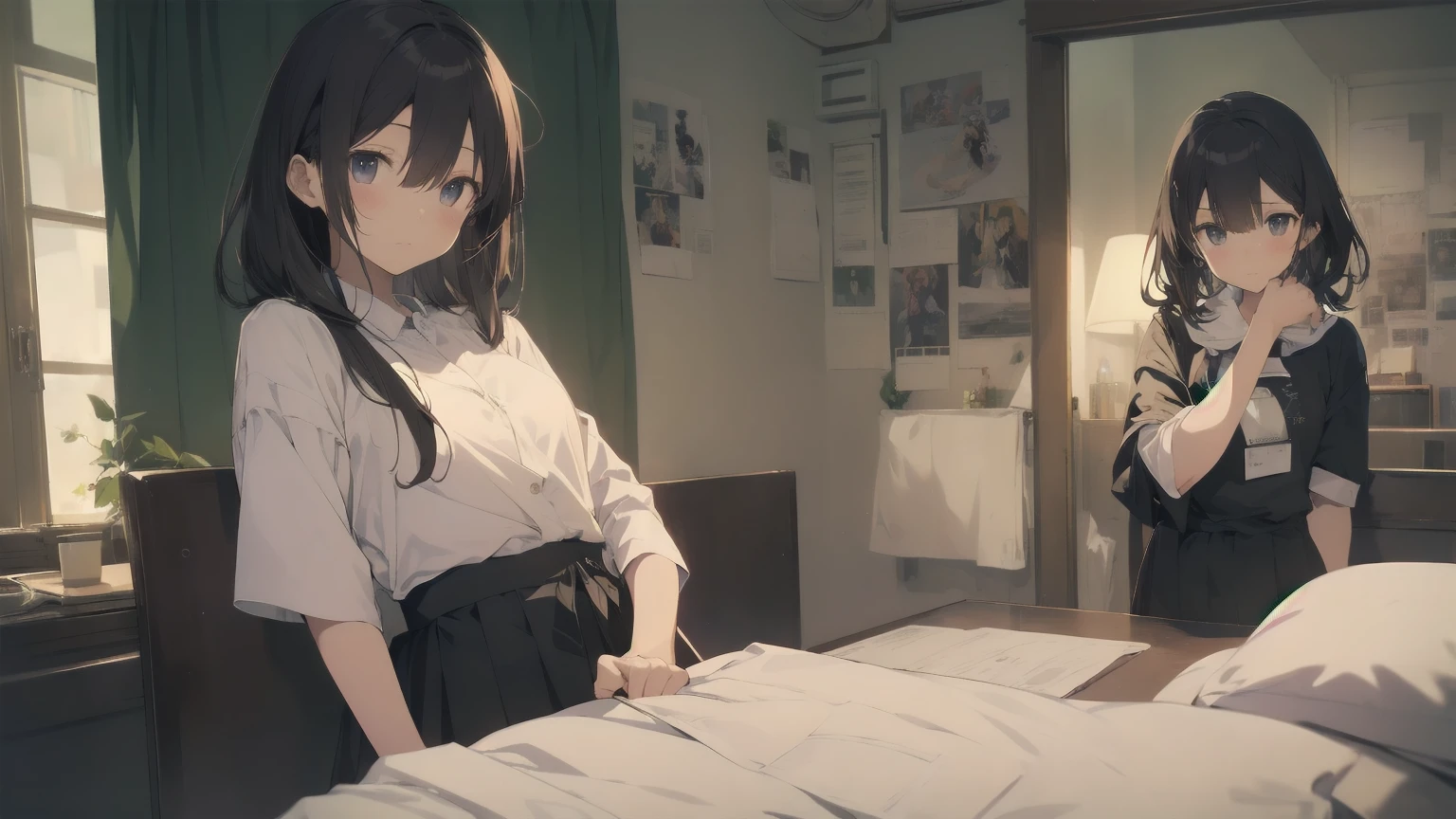 ultra-absurdres-Top quality by Artist God, Super detailed, High resolution, Anime Moe Art Style, Best Anime 8K Konachan Wallpaper, pixiv Contest Winner, Perfect Anatomy,break, One girl, (Please draw a In the heat girl sitting on bed alone. )break,(alone,Little Woman, 13 years old:1.3),Complete limbs, Full Finger,a junior high School student, The charm of an immature body, (Very short hair), Shortcuts, Flat Chest, , Small Ass, Small black eyes, Beautiful attention to detail, Well-proportioned iris and pupil, Expressive eyes, Watery eyes, High resolutionの詳細な髪, blush, In the heat, School_uniform, White shirt, Pleated skirt, Sexually suggestive, Sexual Presentation,(Detailed lighting), (Detailed Background), In a love hotel room. break,Highly detailed skin, Best cinematic lighting powered by famous Artist, 8K,Beauty Illustration,Photoshop_(Moderate),so beautiful,break,((Artist:Fujiyama )), Artist:akinashi_excellent ,Artist:oyari_Ashido ,Artist:kantoku ,