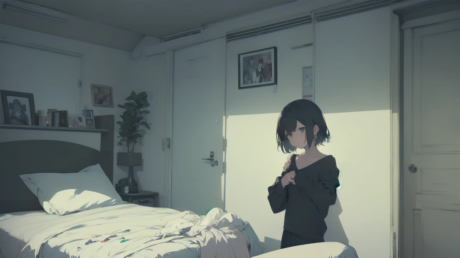 ultra-absurdres-Top quality by Artist God, Super detailed, High resolution, Anime Moe Art Style, Best Anime 8K Konachan Wallpaper, pixiv Contest Winner, Perfect ???????,break, One girl, (Please draw a In the heat girl sitting on bed alone. )break,(alone,Little Woman, 13 years old:1.3),Complete limbs, Full Finger,a junior high School student, The charm of an immature body, (Very short hair), Shortcuts, Flat Chest, , Small Ass, Small black eyes, Beautiful attention to detail, Well-proportioned iris and pupil, Expressive eyes, Watery eyes, High resolutionの詳細な髪, blush, In the heat, School_uniform, White shirt, Pleated skirt, Sexually suggestive, Sexual Presentation,(Detailed lighting), (Detailed Background), In a love hotel room. break,Highly detailed skin, Best cinematic lighting powered by famous Artist, 8K,Beauty Illustration,Photoshop_(Moderate),so beautiful,break,((Artist:Fujiyama )), Artist:akinashi_excellent ,Artist:oyari_Ashido ,Artist:kantoku ,