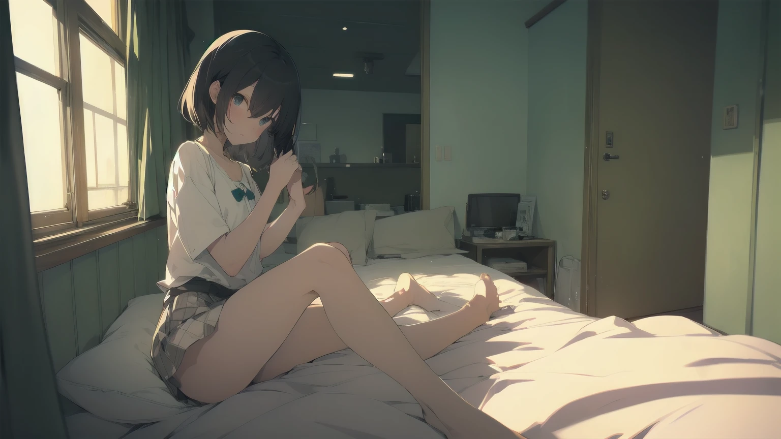 ultra-absurdres-Top quality by Artist God, Super detailed, High resolution, Anime Moe Art Style, Best Anime 8K Konachan Wallpaper, pixiv Contest Winner, Perfect Anatomy,break, One girl, (Please draw a In the heat girl sitting on bed alone. )break,(alone,Little Woman, :1.3),Complete limbs, Full Finger,a junior high of an immature body, (Very short hair), Shortcuts, Flat Chest, , Small Ass, Small black eyes, Beautiful attention to detail, Well-proportioned iris and pupil, Expressive eyes, Watery eyes, High resolutionの詳細な髪, blush, In the heat, School_uniform, White shirt, Pleated skirt, Sexually suggestive, Sexual Presentation,(Detailed lighting), (Detailed Background), In a love hotel room. break,Highly detailed skin, Best cinematic lighting powered by famous Artist, 8K,Beauty Illustration,Photoshop_(Moderate),so beautiful,break,((Artist:Fujiyama )), Artist:akinashi_excellent ,Artist:oyari_Ashido ,Artist:kantoku ,