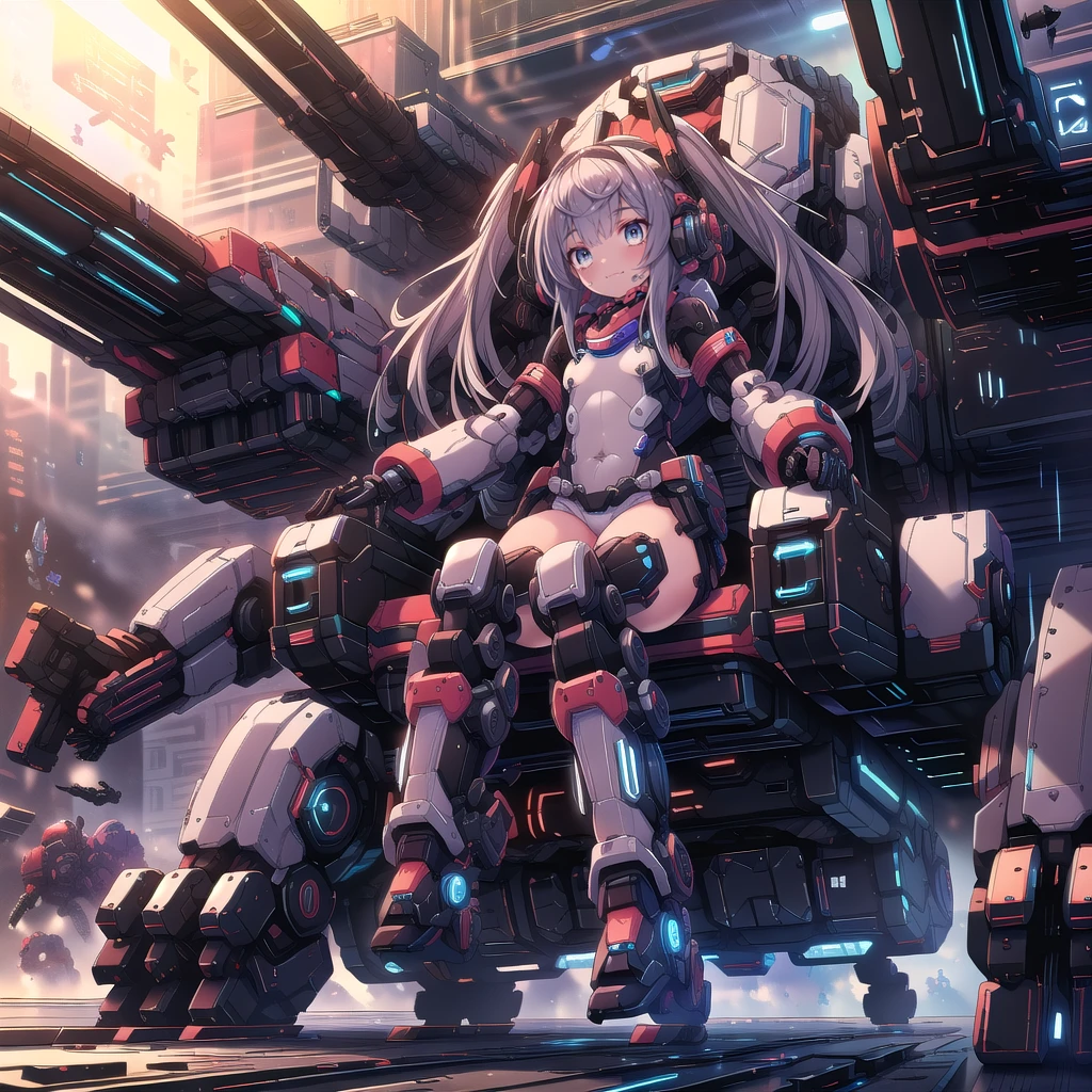 (masterpiece:1.2), best quality, high resolution, extremely detailed CG, absurdres, highres, Sci-fi world where a girl in bodysuit sits inside a machine with giant robot arms and legs on a battlefield, and the girl holds the lever of the machine,Colorful portraits