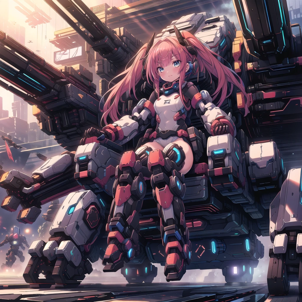 (masterpiece:1.2), best quality, high resolution, extremely detailed CG, absurdres, highres, Sci-fi world where a girl in bodysuit sits inside a machine with giant robot arms and legs on a battlefield, and the girl holds the lever of the machine,Colorful portraits