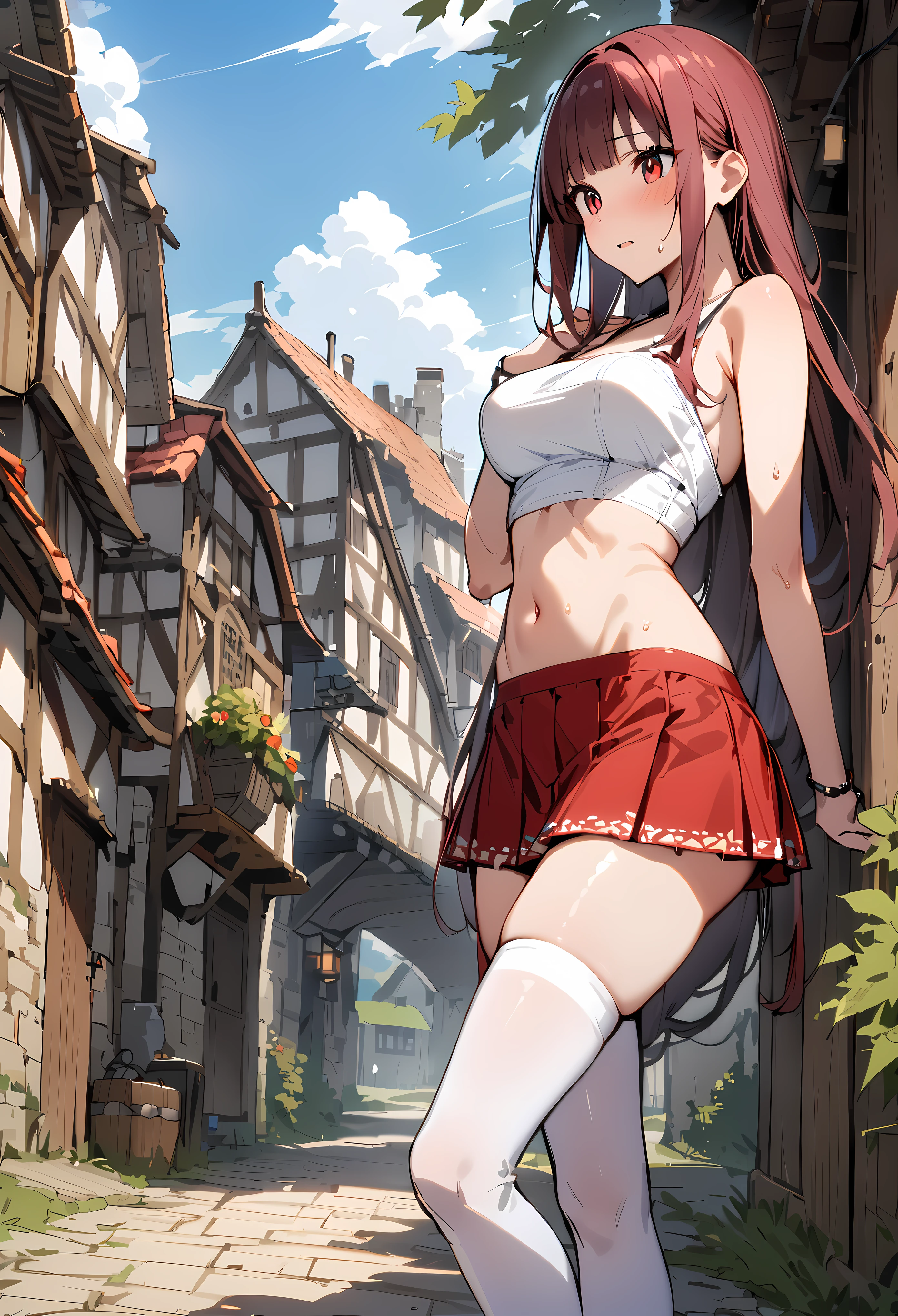 ((masterpiece,Highest quality:1.3)),1woman,30 year old beauty,solo,((very small head:1.3)),red hair,long hair,blunt bangs,red eyes,gorgeous eyes,shy,medium breasts,((very long body:1.3)),((toned body,slender body,)),skinny,gleaming skin,shiny skin,sweat,((Red pleated mini skirt)),(White tube top、navel、bara shoulder, white_thighhighs),((Red mini skirt))、Casual wear、walk、rural area、sunny、Medieval Europe、