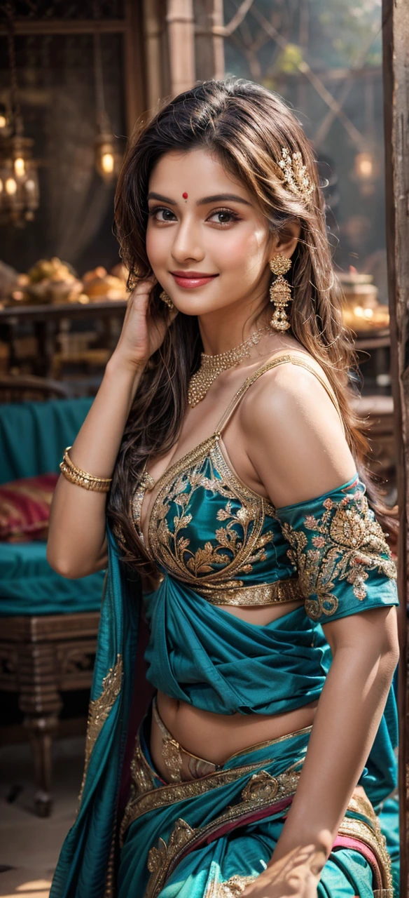 A young realistic woman adorned in very elegant traditional sexy Indian attire, cute and sexy face, very very enormous breasts(boobs), sexy body type, sexy outfit, sexy smile. Indian wedding (realistic perfect face)) beautiful young Indian woman, high fashion photoshoot, luscious lips, intricate hairstyle, elegant pose, natural lighting, cinematic color grading, vibrant colors, dramatic shadows, glossy skin, photorealistic, 8k, best quality, masterpiece