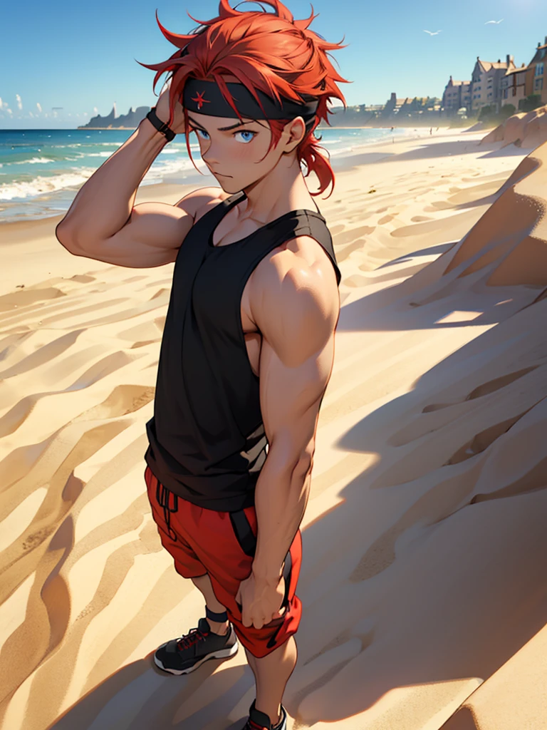 ((Best quality)), ((masterpiece)), top quality), standing alone, red hair, male, parted hairline, black tank top, joggers, sand village headband, blue eyes, small pomytail, sand background