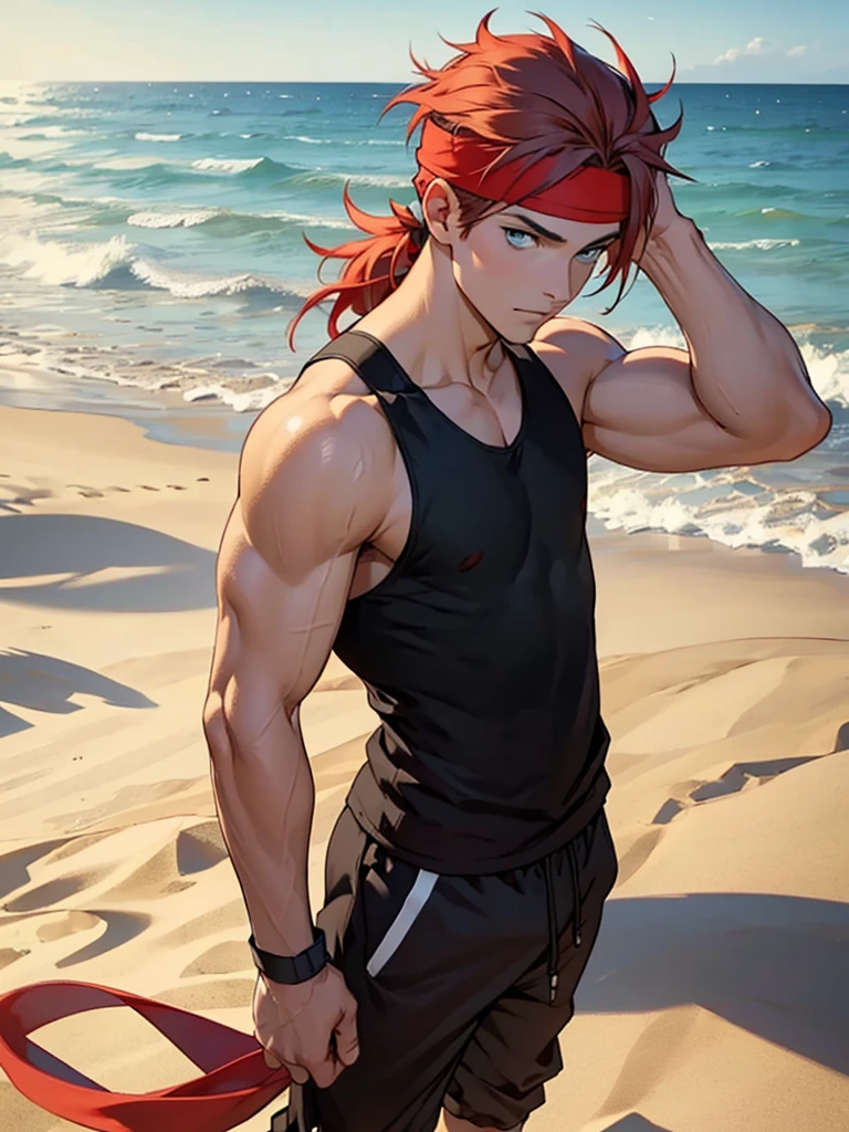 ((Best quality)), ((masterpiece)), top quality), standing alone, red hair, male, parted hairline, black tank top, joggers, sand village headband, blue eyes, small pomytail, sand background