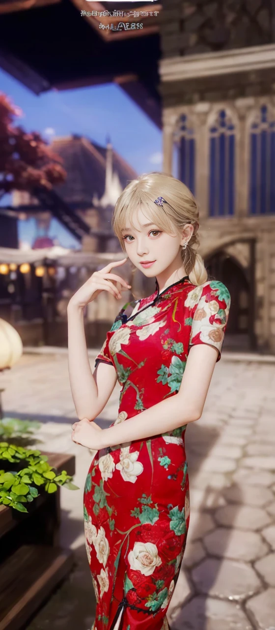 (A hyper-realistic)、(illustratio)、(hight resolution)、(8K)、(ighly detailed)、(Best Illustration)、(beautifully detailed eyes)、(top-quality)、(Ultra-detail)、(​masterpiece)、(wall-paper）、（A detailed face）、solo、1 girl in、looking at viewert、fine detailed、A detailed face、in the darkness nigth、deep-shadows、lowkey、pureerosfaceace_v1、A smile、long、Black shawl straight hair、46-point diagonal bangs,　（silk dresses、long  skirt）(off shoulders）View of the castle、、Stand against the wall