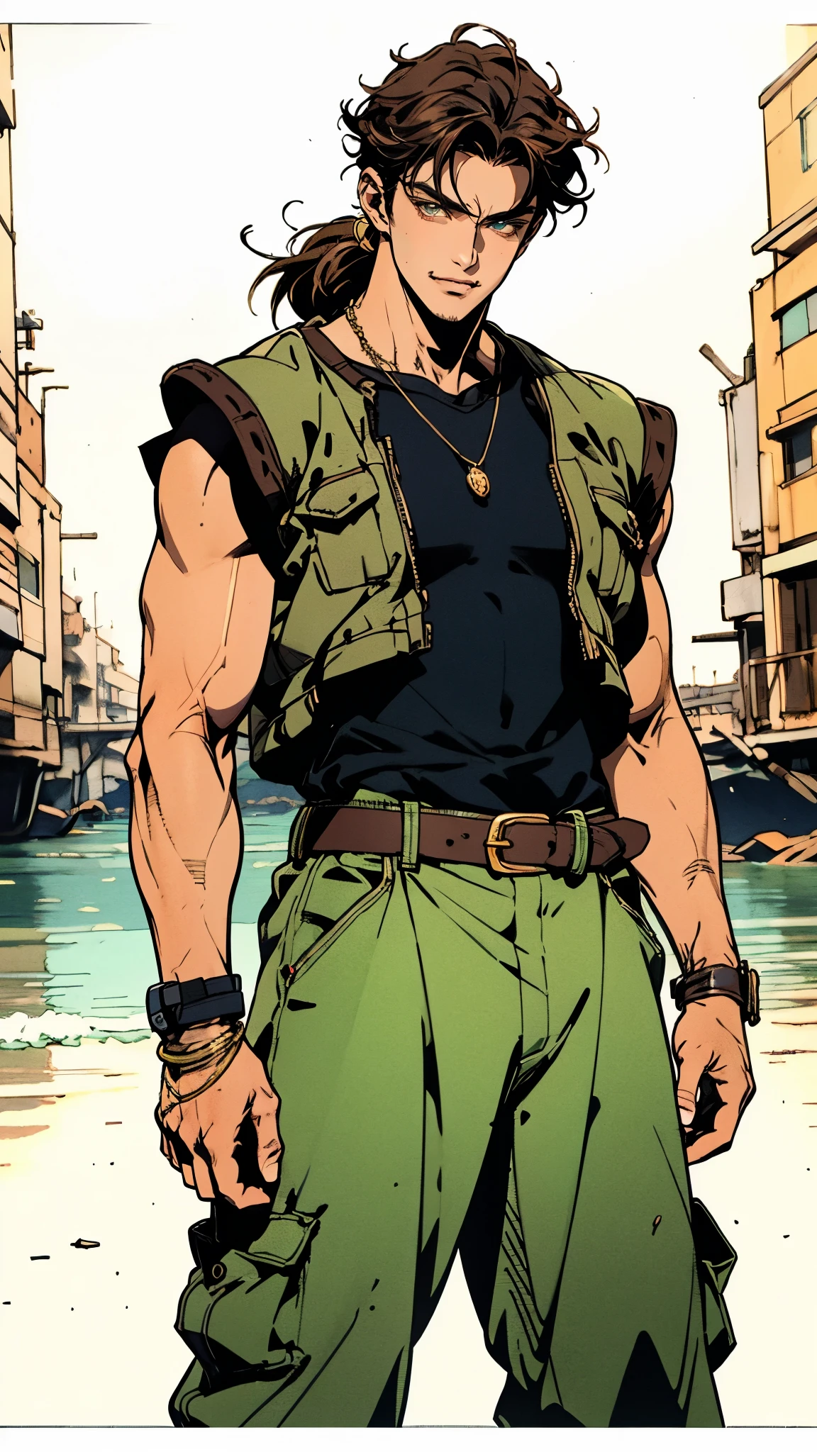 (masterpiece:1.2, best quality, extremely delicate), a man with short brown hair, a short ponytail, brown skin, a handsome face, deep eyes, a wild smile, stubble on his chin, wears a necklace with fangs, a muscular build, a fantasy-reality style blue open short vest, sleeveless, a cloth band on his arm, a yellow belt, green cargo pants, stands on an endless coastline, this character embodies a finely crafted fantasy-reality style rogue in anime style, exquisite and mature manga art style, dramatic, high definition, highres, ultra-detailed, ultra-fine painting, professional, perfect body proportions, golden ratio, anatomically correct, symmetrical face, extremely detailed eyes and face, high quality eyes, creativity, RAW photo, UHD, 32k, Natural light, cinematic lighting, masterpiece-anatomy-perfect