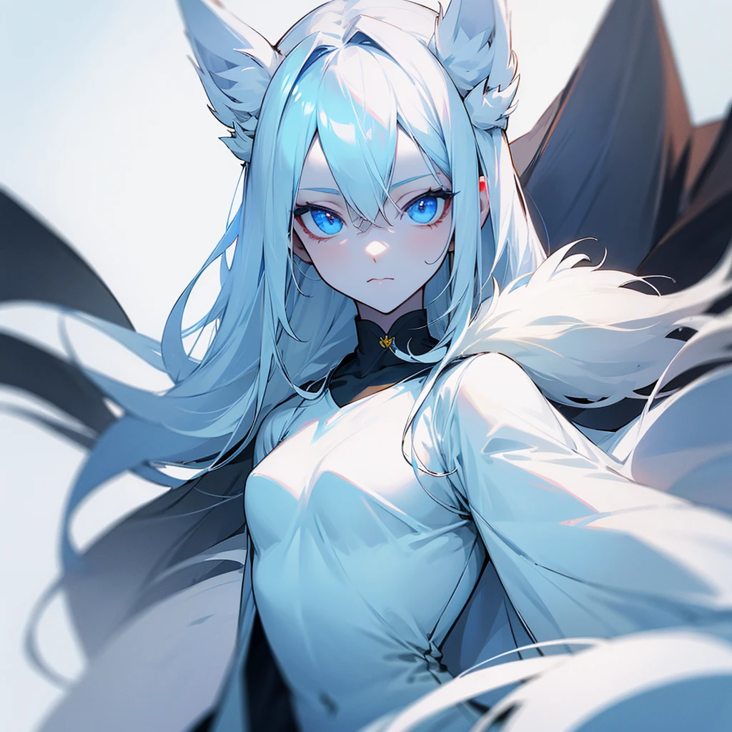 smooth white fur, slim, black locks, light blue eyes, good physique, good face,beautiful, WITHOUT EARS,White skin