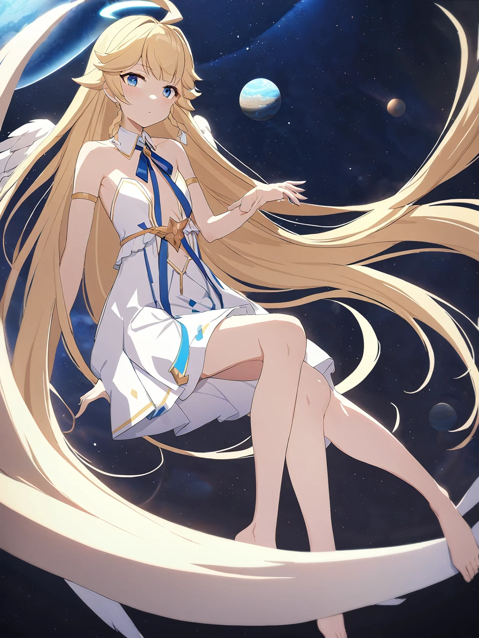 Zaora, blue eyes, (Variegated eyes:0.5), Blonde, Very long hair, Twin Blade, bangs, Ahoge, Hello, Angel, Flat Chest, White Dress, Belly button cutout, Detachable collar, Strapless, Neck ribbon, Bare shoulders, Angel wings, barefoot, One girl, Solo Break Space, planet, Depth of written boundary, Cinematic, masterpiece, Highest quality, Game CG