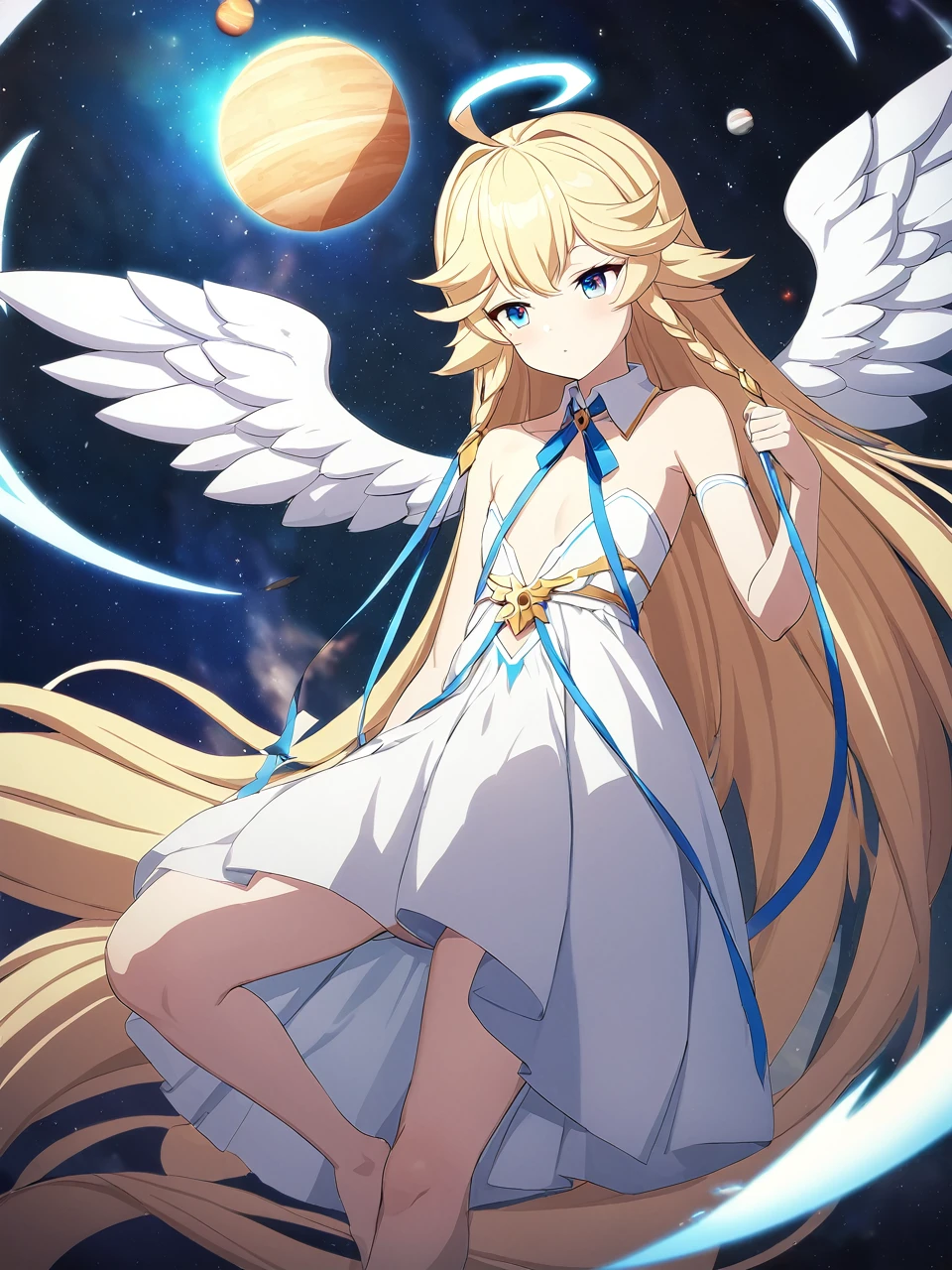 Zaora, blue eyes, (Variegated eyes:0.5), Blonde, Very long hair, Twin Blade, bangs, Ahoge, Hello, Angel, Flat Chest, White Dress, Belly button cutout, Detachable collar, Strapless, Neck ribbon, Bare shoulders, Angel wings, barefoot, One girl, Solo Break Space, planet, Depth of written boundary, Cinematic, masterpiece, Highest quality, Game CG
 