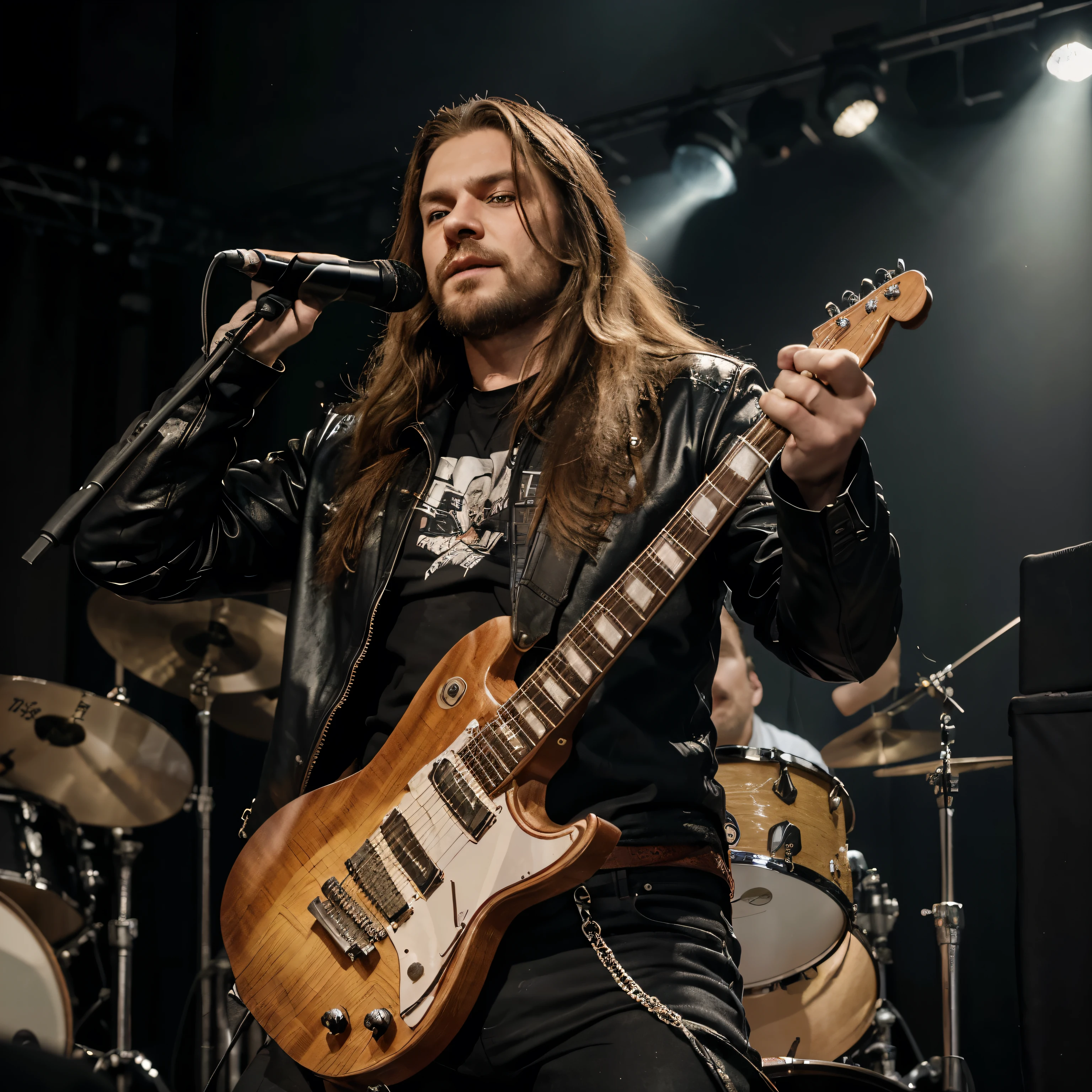 "Create a realistic depiction of Mikhail Gorshenev, frontman of the band King and Shout, as he might look these days. Depict him in a rock star style, with a distinctive look, including long hair and perhaps a modern hairstyle or beard.