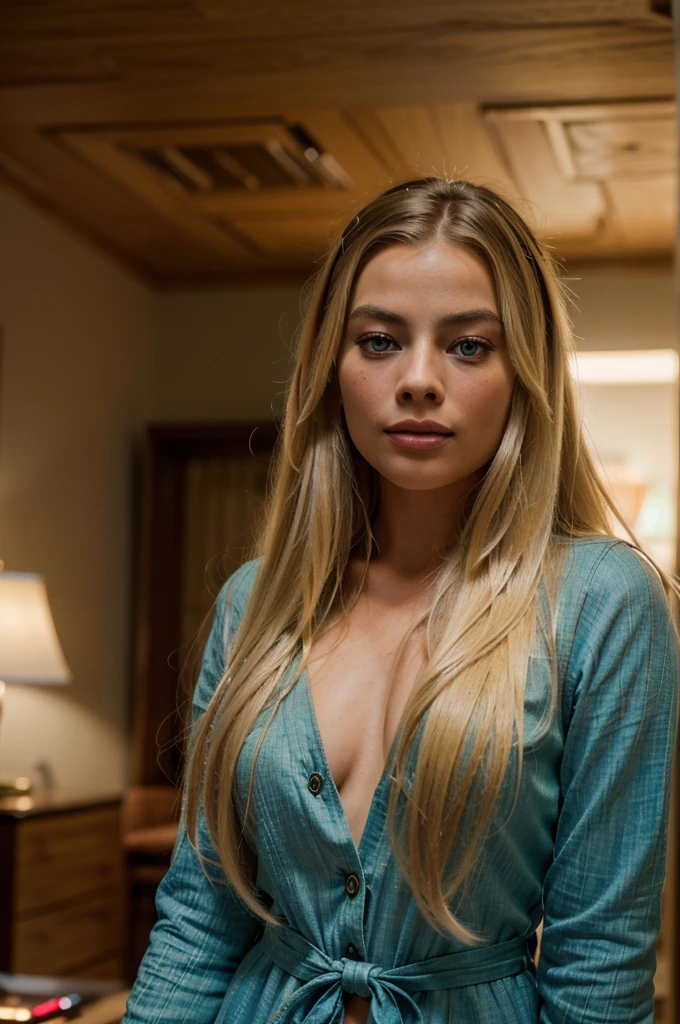 A beautiful detailed woman with long blonde hair, striking European features, resembling Margot Robbie, casually dressed, playing video games, hyper realistic, cinematic lighting, 8k, masterpiece, photorealistic, sharp focus, high quality, vibrant colors, dynamic pose, intricate details