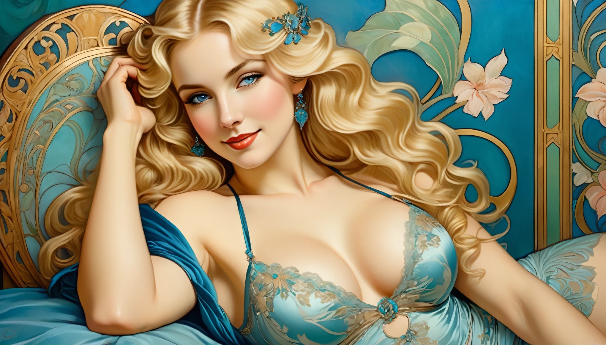 An Art Nouveau painting of a woman reclining on the bed, with a softly blurred, decorative background. She has voluminous blonde hair, bright blue eyes, and a flirty smile. Wearing intricate, exotic lingerie.