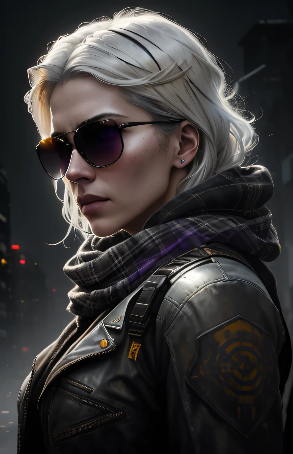 (dark shot:1.1), epic realistic, Portrait of a halo, sunglasses, Blue eyes, plaid scarf, white hair by Ati Gaylan, by greg Rutkowski, Greg Tocini, James Gillard, by joe fenton, by Kathe Butcher, yellow gradient, black, brown-purple color scheme, grunge aesthetic!!! graffiti tag wall background, art by greg Rutkowski and artgerm, soft Cinematic light, Adobe Lightroom, Photo lab, HDR, difficult, very detailed, (depth of field:1.4), faded, (neutral colors:1.2), (HDR:1.4), (muted colors:1.2), hyper-detailed, (ArtStation:1.4), Cinematic, warm light, dramatic light, (difficult details:1.1), difficult фон, (Rutkowski:0.66), (turquoise and orange:0.4)